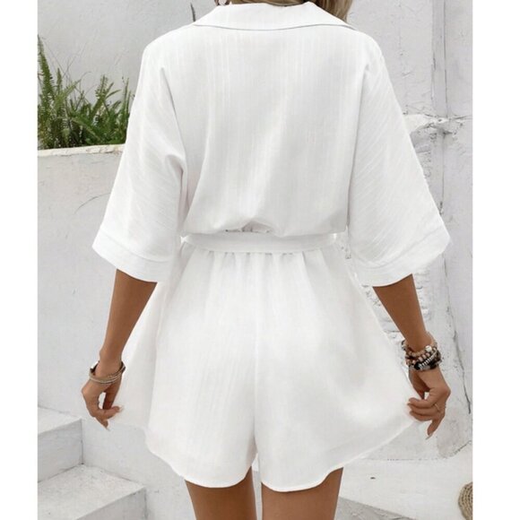 White Women's Summer Solid Color Shirt Romper /Jumpsuit beachy wedding vacay - Picture 4 of 4